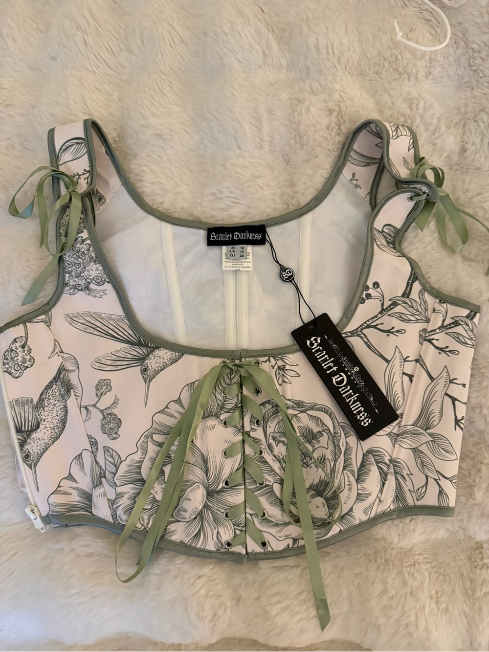Scarlet Darkness White Floral Lace-Up Corset with Green Trim new with tags